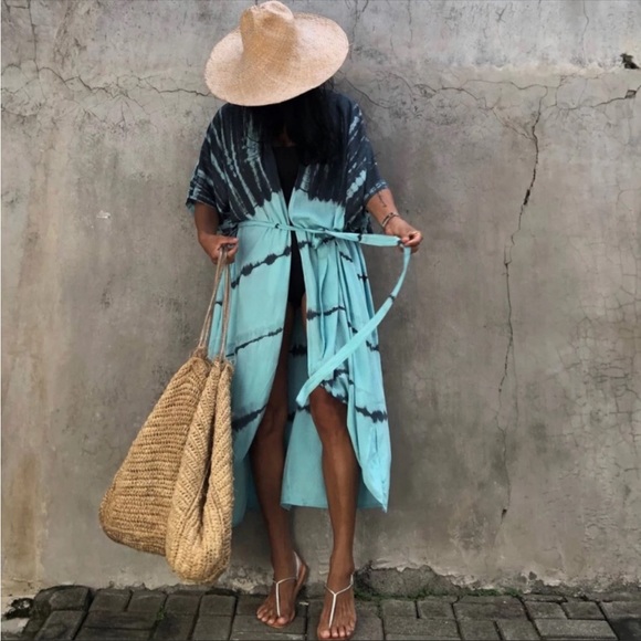 NEW! Boho Tie Dye Swim Coverup Kimono Duster Robe - Picture 5 of 5